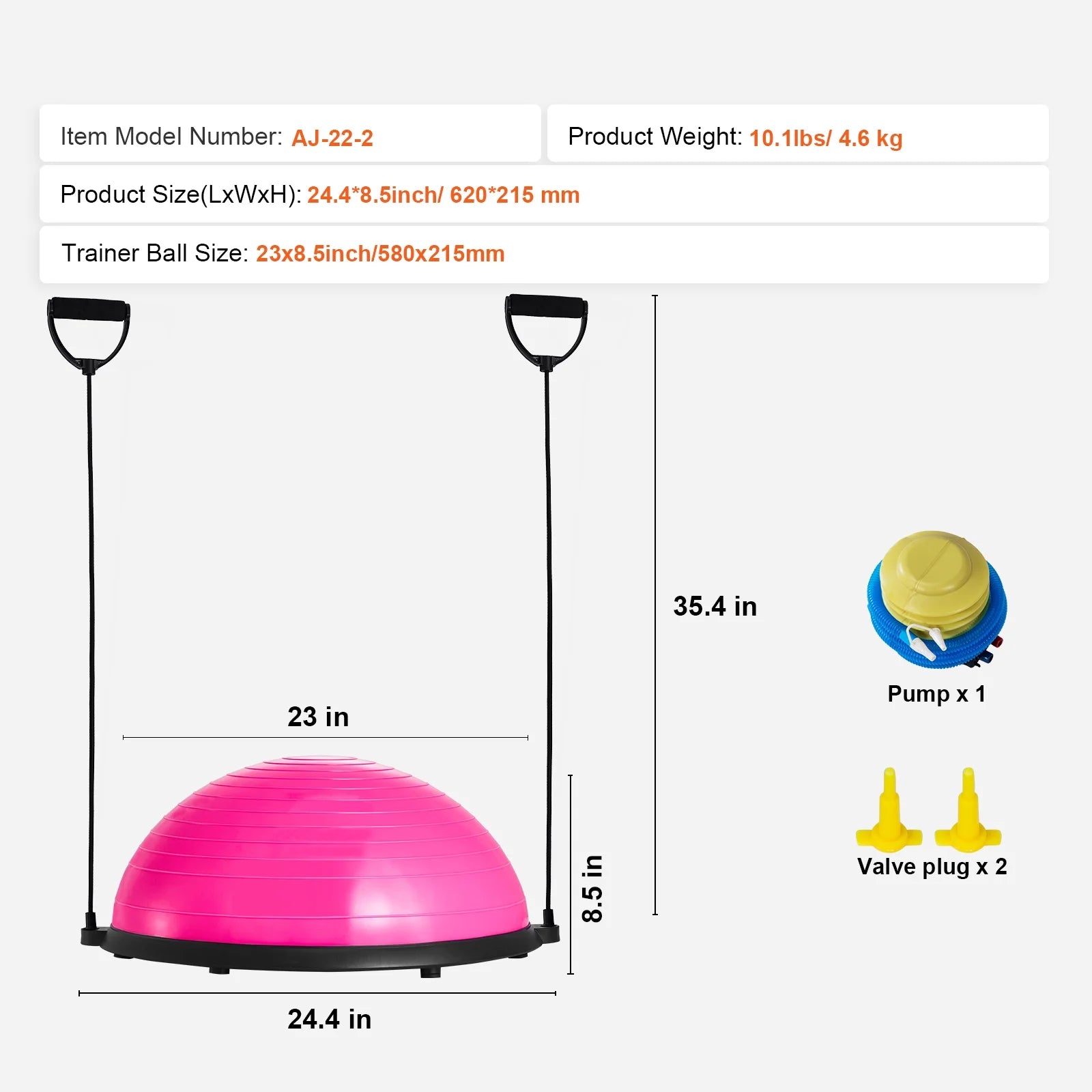 Half Balance Ball Trainer, 23-Inch Stability Ball with a 660Lbs Weight Limit, Includes Resistance Bands & Foot Pump for a Comprehensive Home Gym Experience, Ideal for Full Body Fitness, Pink